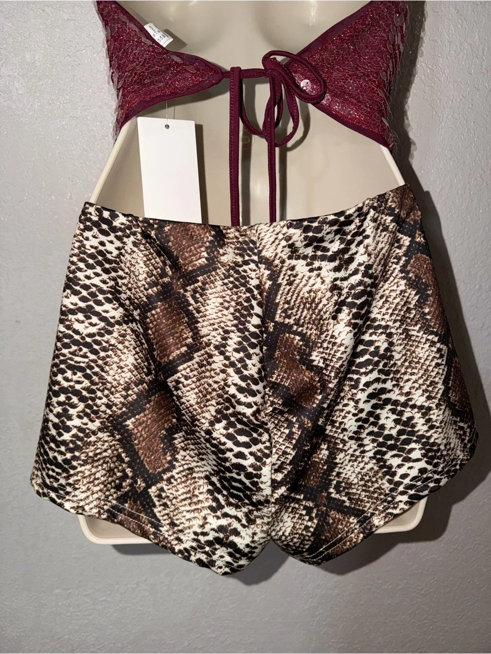 Two Piece Set Sequin Cowl Neck & Snake Skin Shorts